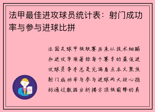 法甲最佳进攻球员统计表：射门成功率与参与进球比拼