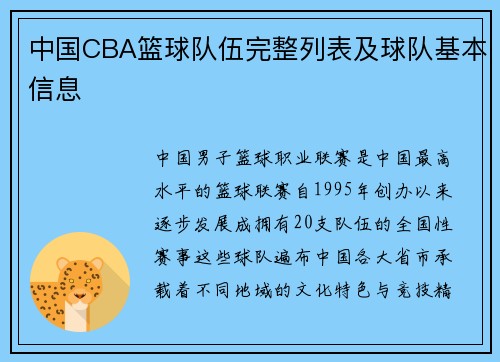 中国CBA篮球队伍完整列表及球队基本信息