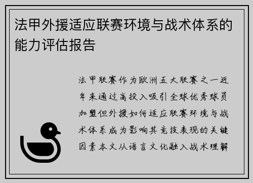 法甲外援适应联赛环境与战术体系的能力评估报告